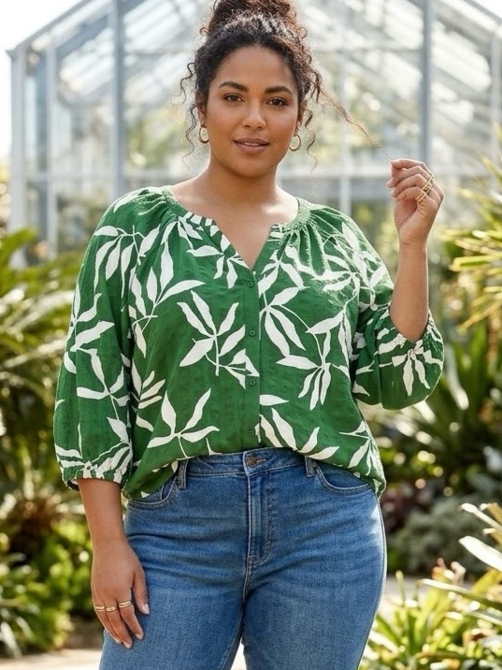 Bobeau, Green and White Leaf Print Button-Front Blouse, 1X, P2P:25”, 3/4 sleeves